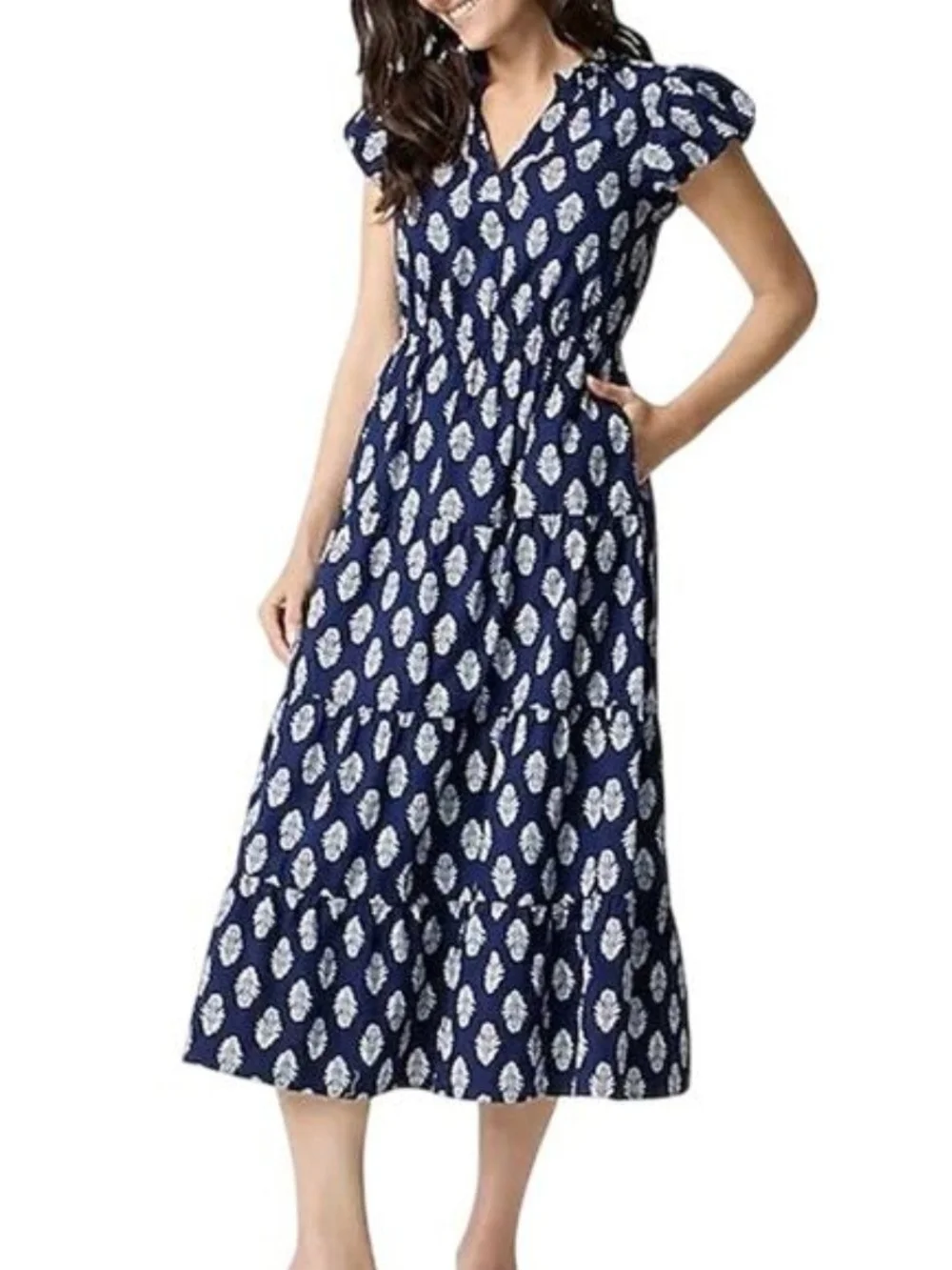 J. Crew Navy & White Printed Midi Dress